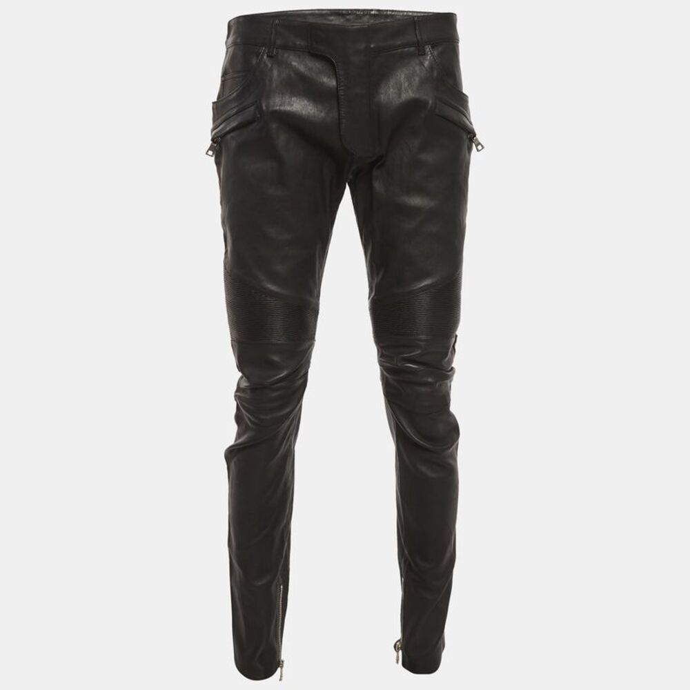 Balmain Black Leather Biker Pants Xxxl